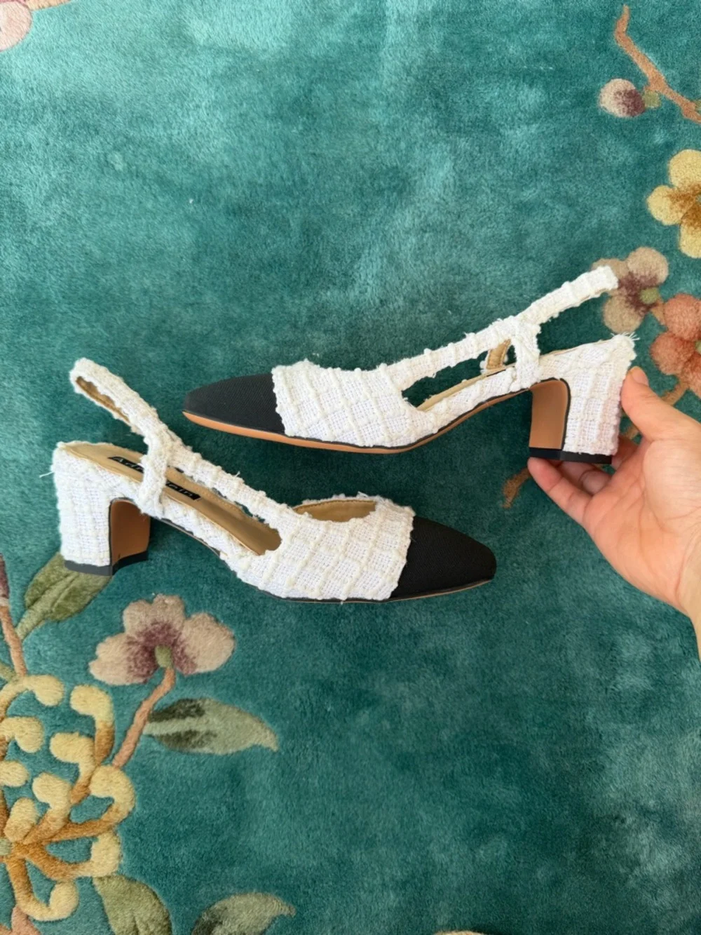 Women's Two-Tone Tweed Slingback Kitten wedge heels in Black & White - Picture 6 of 8